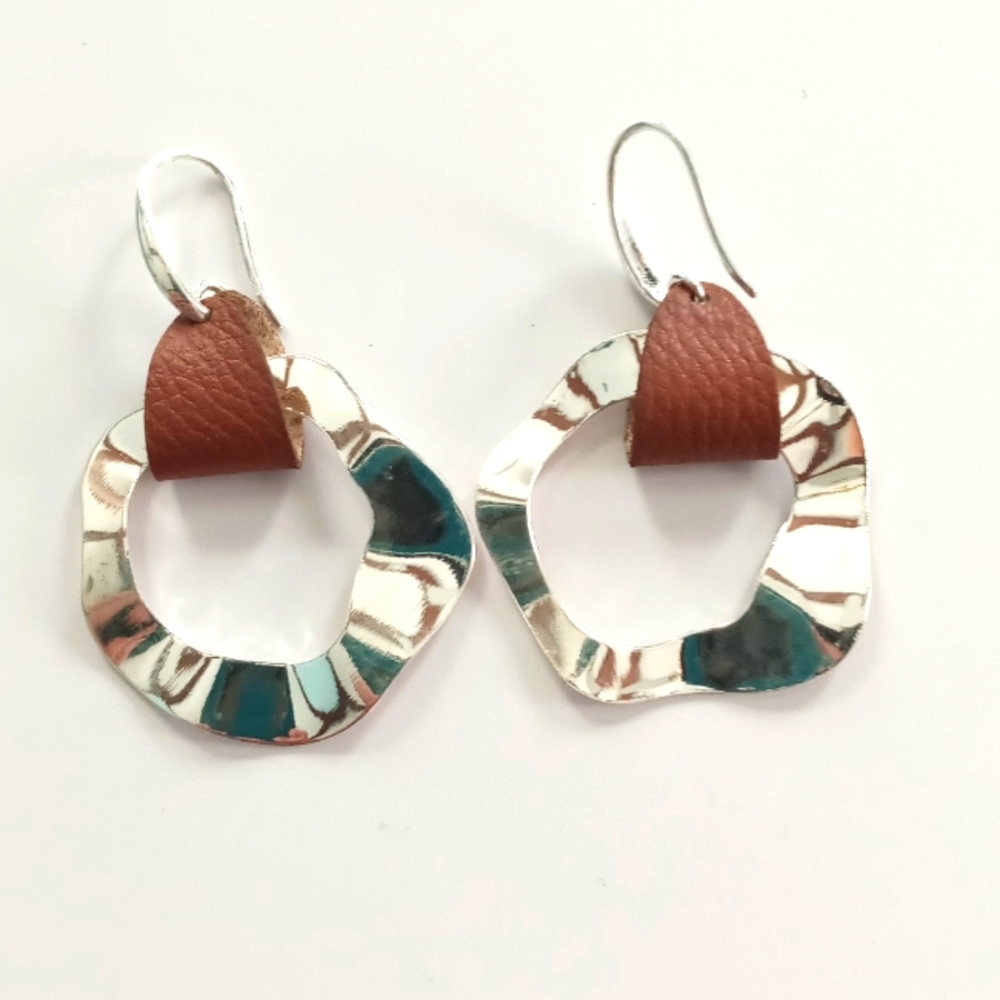 NWOT Small Silver Costume Jewelry Earrings with a Faux Leather Accent